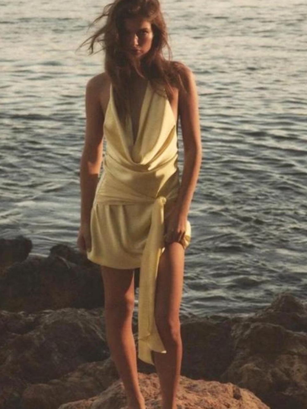 Zara Pale Yellow Draped Halter Tie-Waist Mini Dress